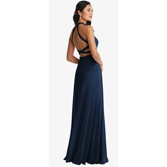 Dessy Collection Stand Collar Halter Maxi Dress Criss Cross Open-Back Formal 12 - Picture 2 of 8